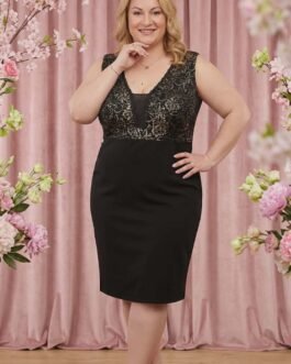 Plus Size Μαύρο Φόρεμα με Χρυσές Λεπτομέρειες & Δαντέλα – Elegant Cocktail Pencil Dress Curve Fit Black & Gold