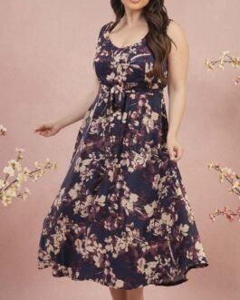 Plus Size Μεταξωτό Εμπριμέ Φλοράλ Φόρεμα με Ζώνη & Προαιρετικό Μανίκι – Elegant Satin Floral Dress Curve Fit
