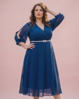 Plus Size Αέρινο Φόρεμα V με Μανίκι σε Μπλε & Μαντζέντα – Elegant Chiffon Cocktail Dress Curve Fit