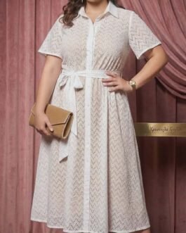Plus Size Μπροντερί Βαμβακερό Φόρεμα με Ζώνη σε Μαύρο & Λευκό – Elegant Cotton Broderie Shirt Dress Curve Fit