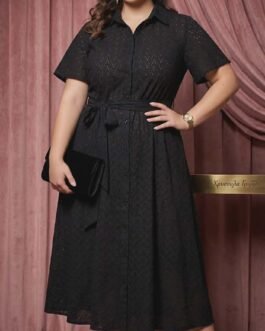 Plus Size Μπροντερί Βαμβακερό Φόρεμα με Ζώνη σε Μαύρο & Λευκό – Elegant Cotton Broderie Shirt Dress Curve Fit