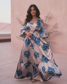 A . 100 . Μεταξωτό Floral Maxi Φόρεμα με Ζώνη & Αέρινα Μανίκια – Νεανικό Φόρεμα για Γάμο & Βάπτιση  / Elegant Wedding & Event Dress