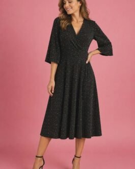 Μαύρο Φόρεμα Lurex με Διακριτική Παγιέτα & Κλος Γραμμή – Midi Βραδινό Φόρεμα με 3/4 Μανίκι   Black Lurex Midi Dress with Subtle Sequin Shine