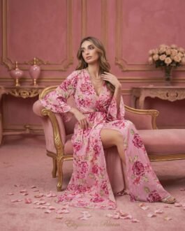 98 . Floral Maxi Φόρεμα Κρουαζέ με Βολάν Μανίκια & Σκίσιμο – Ρομαντικό Φόρεμα για Γάμο & Βάπτιση  / Floral Wrap Maxi Dress with Ruffle Sleeves & Front Slit