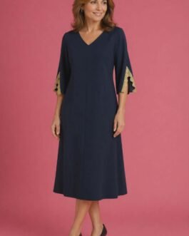 Midi Φόρεμα Α-Line με 3/4 Μανίκι & Δαντέλα , Elegant A-Line Midi Dress with Lace Sleeve Detail – Perfect for Wedding, Baptism & Formal Events