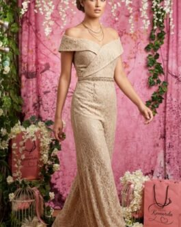 5 . Ολόσωμη Δαντελένια Φόρμα Champagne με Off-Shoulder Λαιμόκοψη