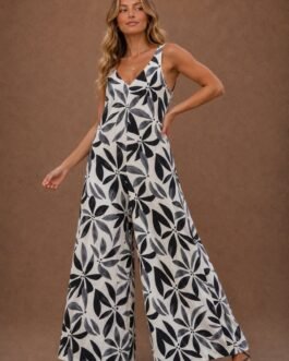 Λινή ολόσωμη φόρμα με ασπρόμαυρο floral print. Λακκί Lady