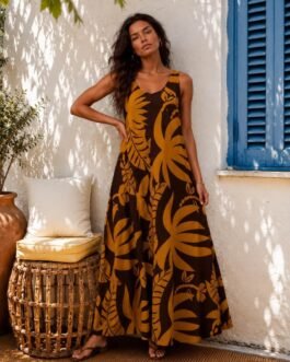 Λινό Maxi Φόρεμα Tropical Brown – Ελληνικής Κατασκευής