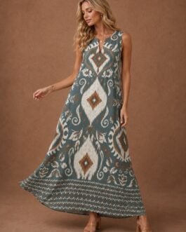Ελληνικό Λινό Maxi Φόρεμα με Ethnic Print σε Πράσινο – Earth Mosaic
