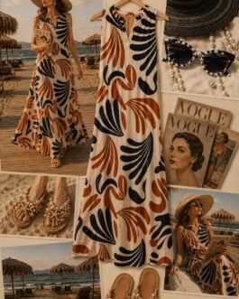 Ελληνικό Λινό Maxi Φόρεμα με Abstract Print σε Εκρού, Μπλε και Κεραμιδί – Riviera Leaves
