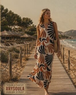 Ελληνικό Λινό Maxi Φόρεμα με Abstract Print σε Εκρού, Μπλε και Κεραμιδί – Riviera Leaves