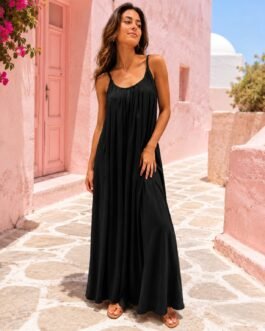 Maxi Φόρεμα με Ανοιχτή Πλάτη σε Μαύρο και Μπλε – Easy Summer Flow
