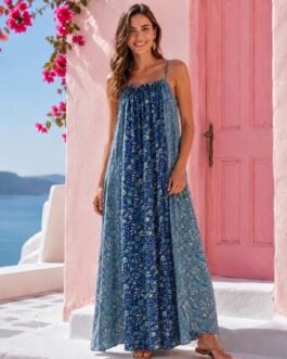 Maxi Εμπριμέ Φόρεμα Indian Style με Λεπτές Τιράντες και Σουρωτή Λαιμόκοψη – Boho India