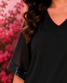 Plus Size Μαύρη Ολόσωμη Φόρμα με Διακριτικές Παγιέτες – Evening Glam