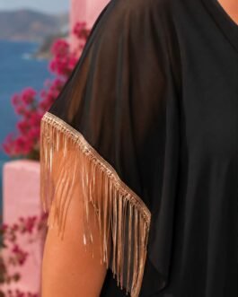 Plus Size Μαύρη Ολόσωμη Φόρμα με  Κρόσσια & Παγιέτες – Evening Glam