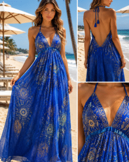 Μεταξωτό Maxi Resort Φόρεμα με Χρυσοκέντημα & Παγιέτες