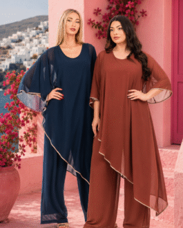 Plus Size Αέρινη Ολόσωμη Φόρμα με Ασύμμετρη Μουσελίνα & Μεταλλική Τρέσα
