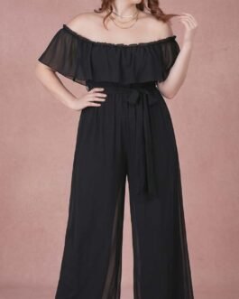 Plus Size Μαύρη Ολόσωμη Φόρμα με Off Shoulder Ντεκολτέ – Evening Glam Jumpsuit