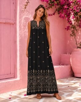 Ελληνικό Λινό Maxi Φόρεμα με Ethnic Print σε Μαύρο και Μπεζ – Golden Nomad