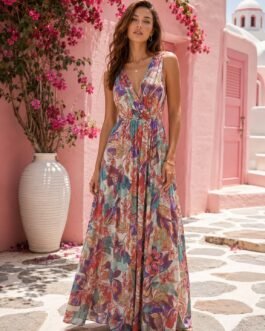 Maxi Εμπριμέ Κρουαζέ Φόρεμα από Ελαστικό Μαγιόπανο – Colorful Bloom