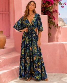 Maxi Εμπριμέ Φόρεμα από Ελαστικό Μαγιόπανο με Cut-Outs στη Μέση – Midnight Paisley