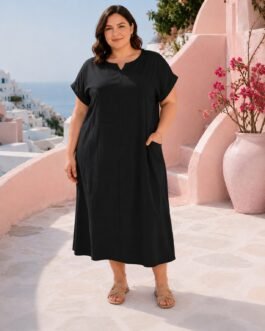 Plus Size Midi Φόρεμα με Ασύμμετρα Κοψίματα & Τσέπες