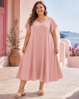 Plus Size Midi Φόρεμα Ατσαλάκωτο με Flare Μανίκι
