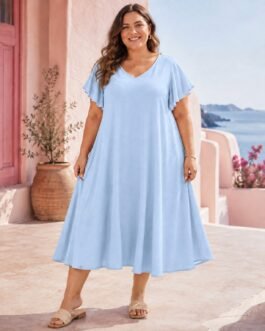 Plus Size Midi Φόρεμα Ατσαλάκωτο με Flare Μανίκι