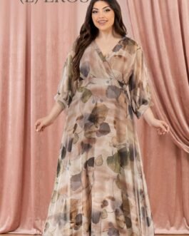 Plus Size Maxi Φόρεμα για Γάμο & Βάπτιση με Botanical Print – Nude Olive