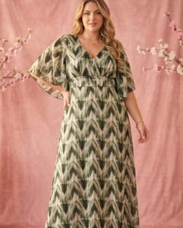 Plus Size Maxi Φόρεμα για Γάμο & Βάπτιση με V Ντεκολτέ – Olive Geo