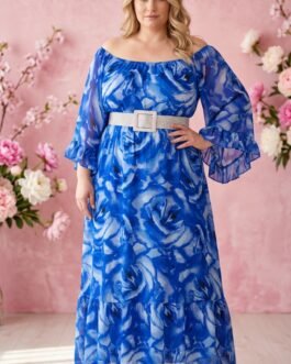 Plus Size Maxi Φόρεμα για Γάμο & Βάπτιση με Floral Print και Βολάν – Royal Blue