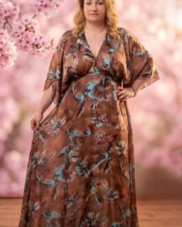 Plus Size Σατέν Maxi Φόρεμα για Γάμο & Βάπτιση με Floral Print – Chocolate Turquoise
