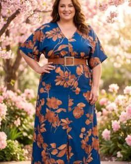 Plus Size Maxi Φόρεμα για Γάμο & Βάπτιση με Λάστιχο κάτω από το Στήθος – Petrol Terracotta Floral