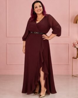 Plus Size Maxi Κρουαζέ Φόρεμα για Γάμο & Βάπτιση με Ασύμμετρο Βολάν