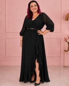 Plus Size Maxi Κρουαζέ Φόρεμα για Γάμο & Βάπτιση με Ασύμμετρο Βολάν